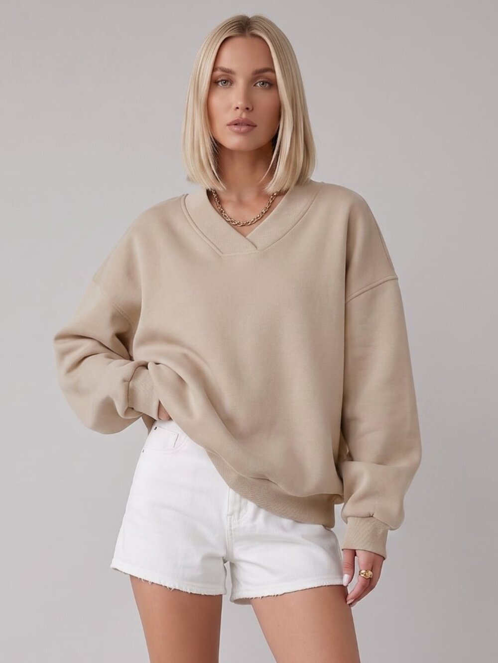 Women's Beige Oversized V-Neck Sweatshirt Drop Shoulder Casual Cozy Pullover Top